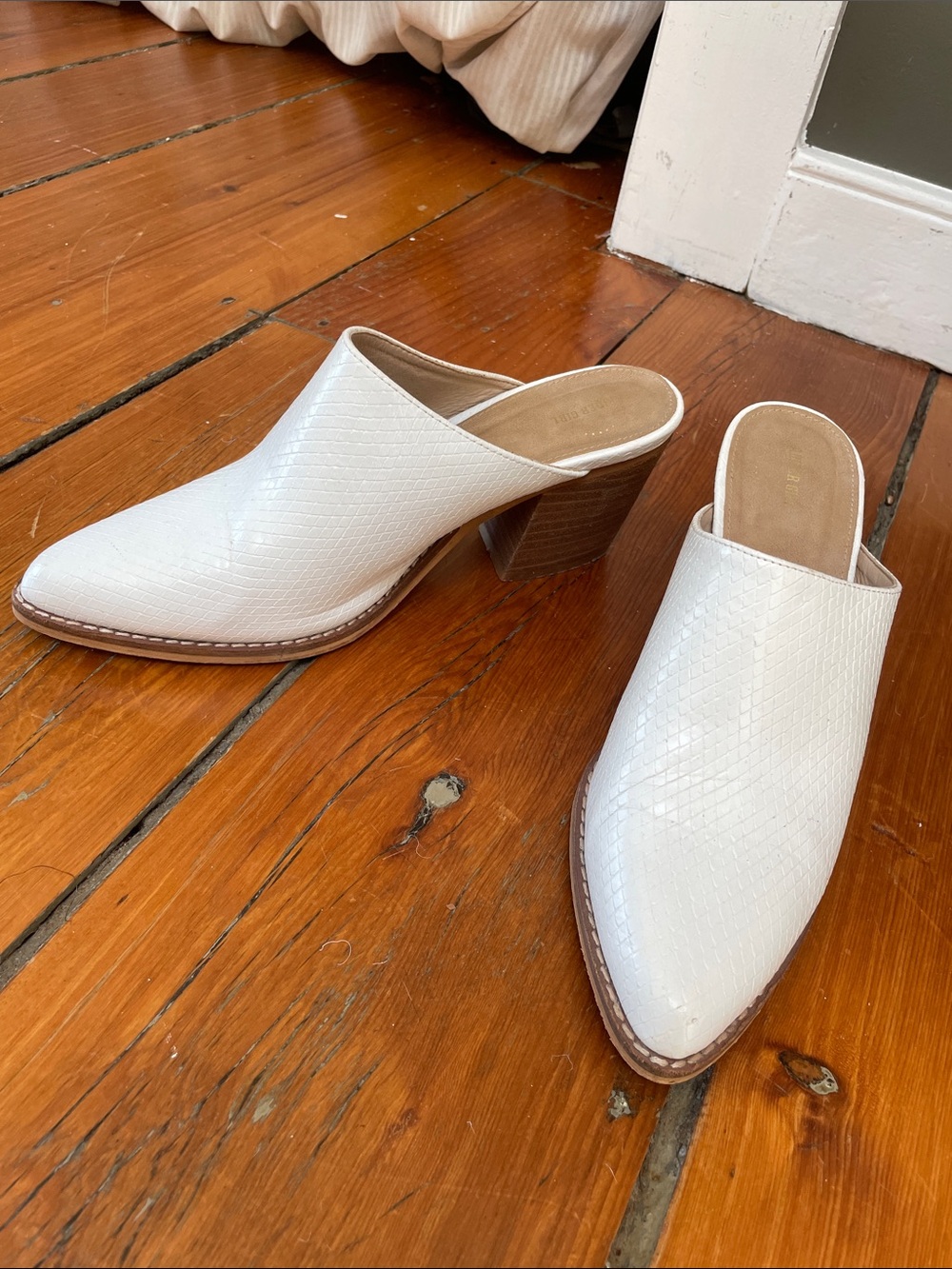 Women's White Textured Leather Slip-On Mule Heels